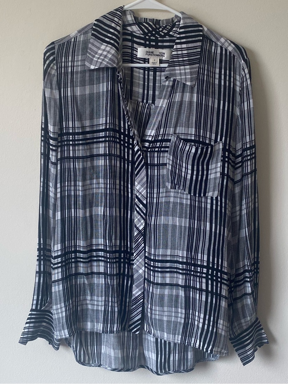 Diane Von Furstenberg Black and Gray Plaid Button-Down Shirt